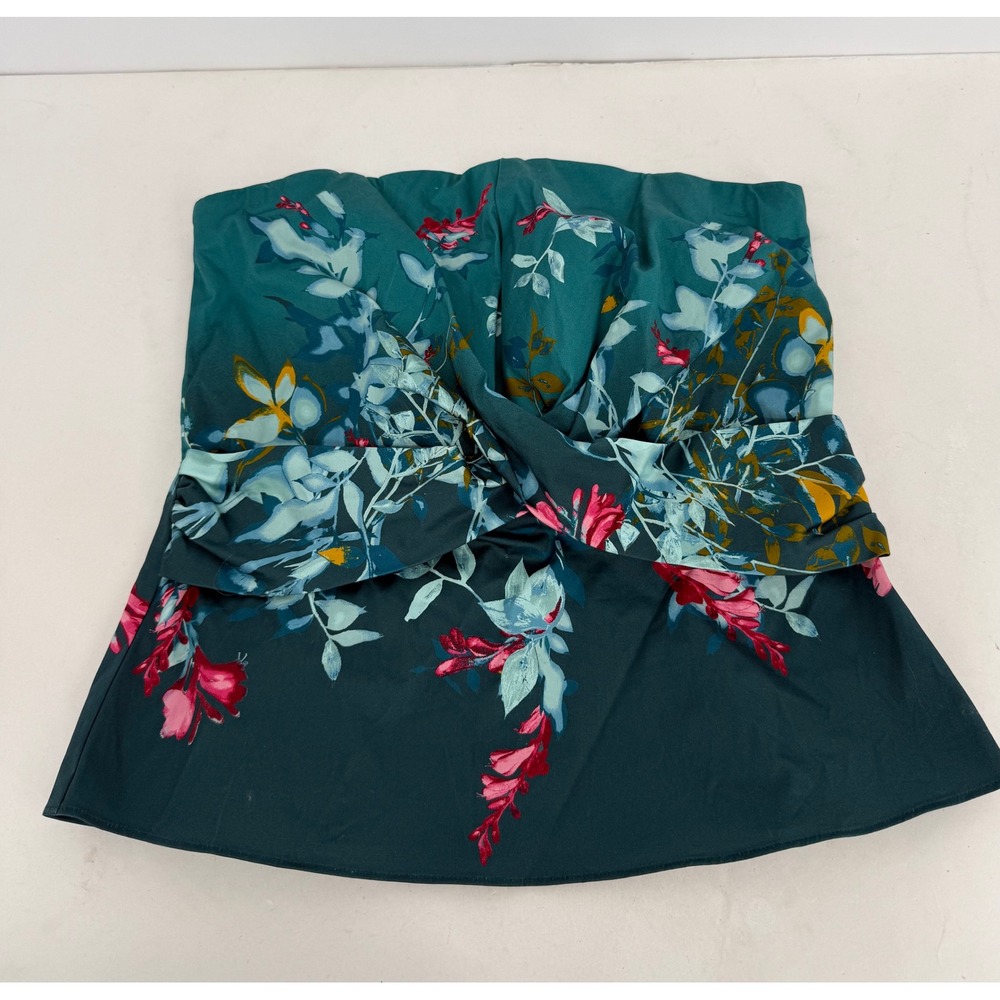 White House Black Market Teal Floral Strapless Twist Front Peplum Top Sz 8